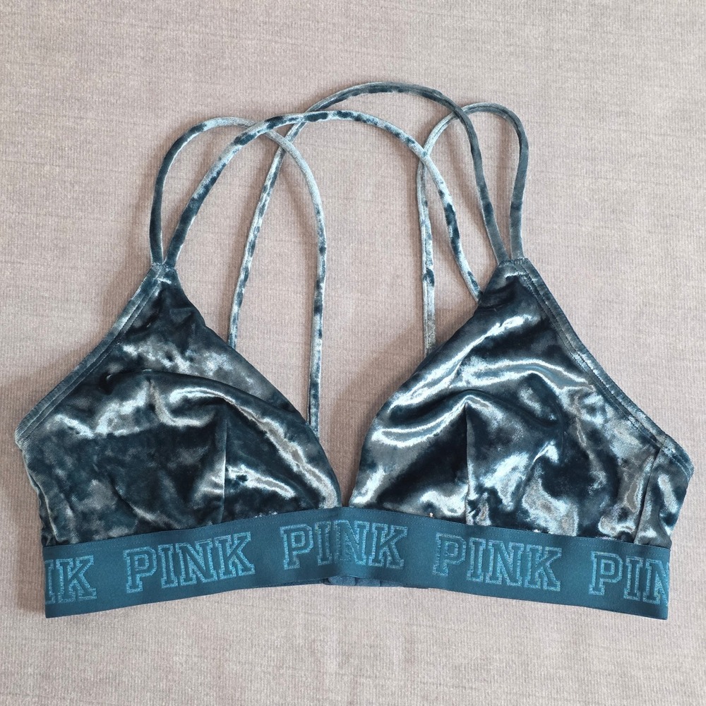 PINK Victoria's Secret Bralette Women Large Teal Velvet Strappy Logo Unlined